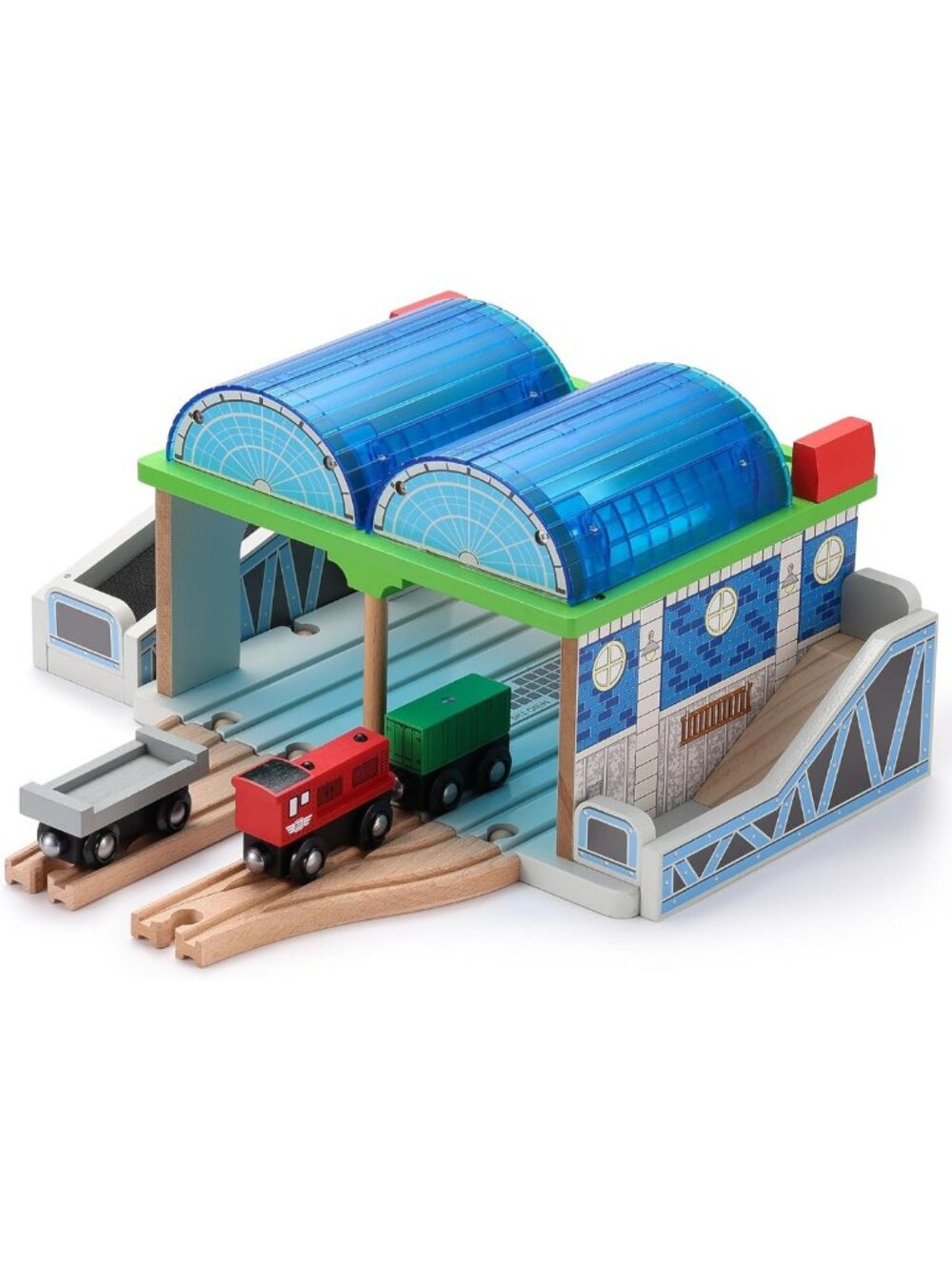 Premium Wooden Train Track Accessories - Double-Track Station & Conveyor Belt